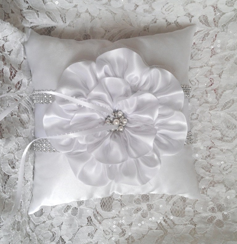 White Satin Ring Bearer Pillow White Flower and Trim Etsy