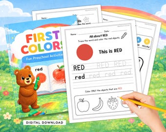Afdrukbaar werkblad eerste kleuren kleuterschool | Traceren, matchen, sorteren, kleur op nummer | Pre-K en kleuterschool