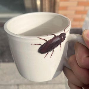 May include: White ceramic coffee mug featuring a large, dark brown cockroach design on the side. The mug has a simple, rounded shape with a handle. The cockroach is detailed with visible legs and body segments.