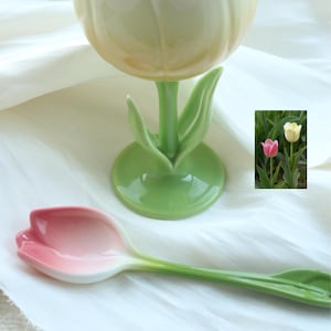 May include: A ceramic tulip-shaped wine glass and spoon. The glass is pale yellow with a green stem and base. The spoon is pink and white with a green stem. A small image of real tulips is in the background.