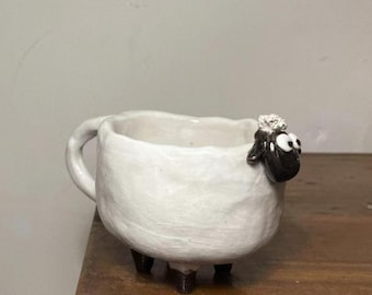 Handmade Ceramic Sheep Mug, Farm Pottery Coffee Cup, Whimsical Animal Gift
