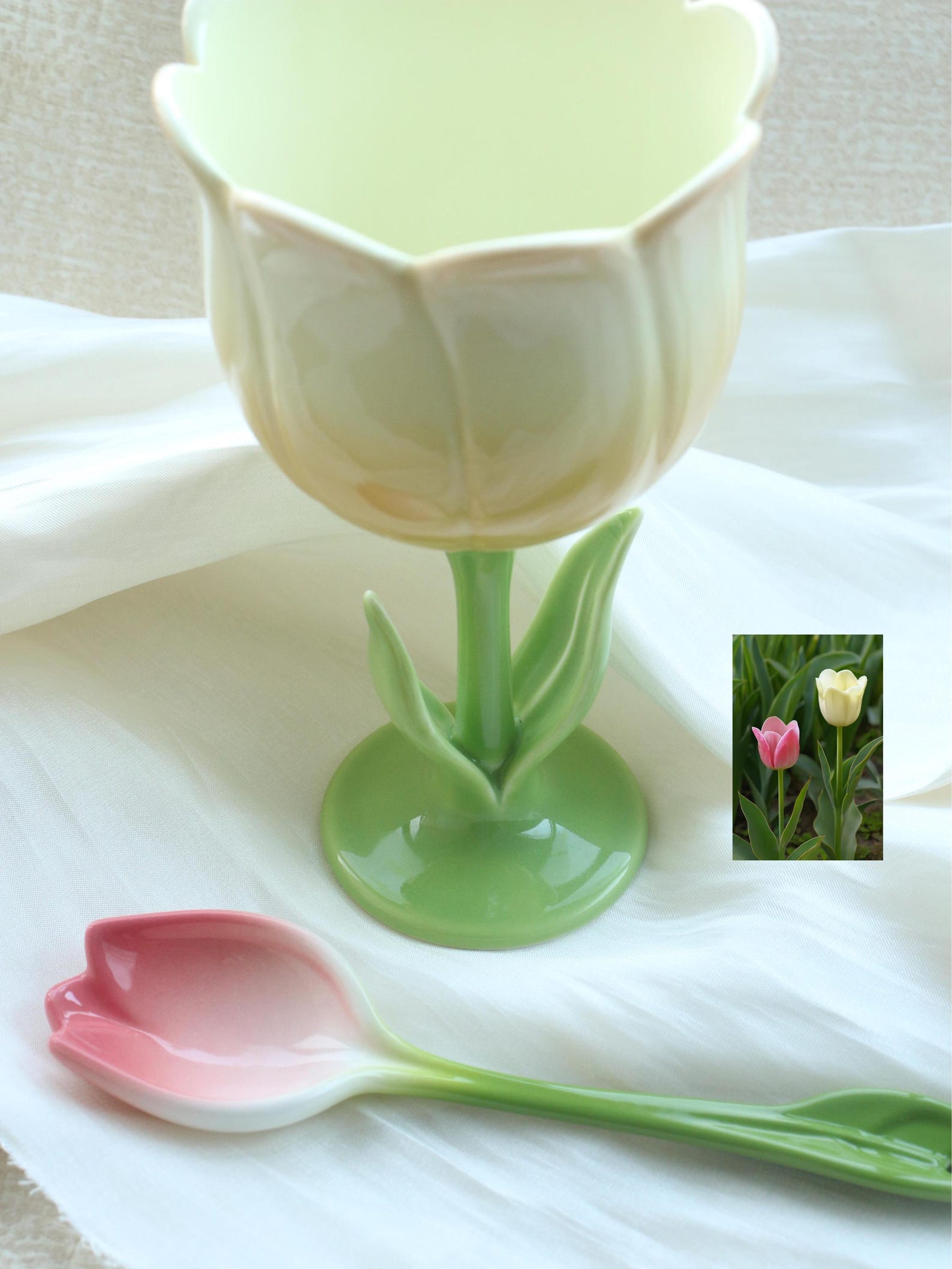 Handmade Ceramic Tulip Spoon and Cup Set, Charming Flower Design ...