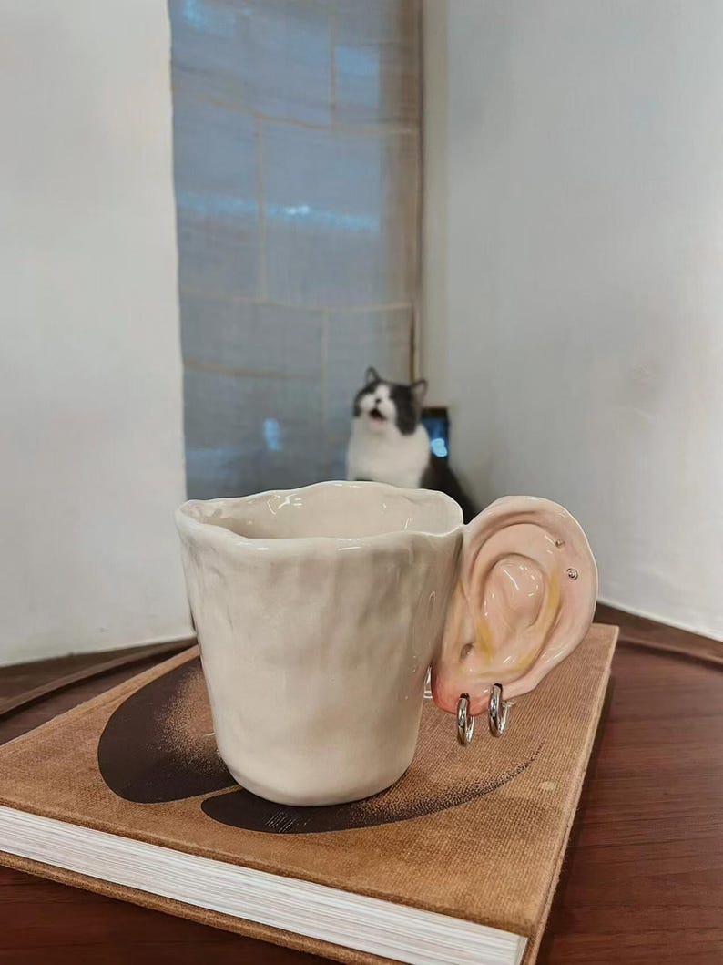 Handmade Ceramic Ear Mug With Piercing Rings, Funny Unique Pottery Cup ...
