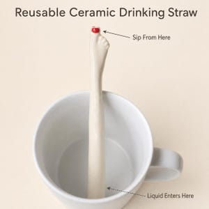 Può includere: Una cannuccia riutilizzabile in ceramica a forma di gamba con un piede sulla parte superiore, dotata di un'unghia dipinta di rosso. Il testo recita Reusable Ceramic Drinking Straw, Sip From Here e Liquid Enters Here per le estremità.