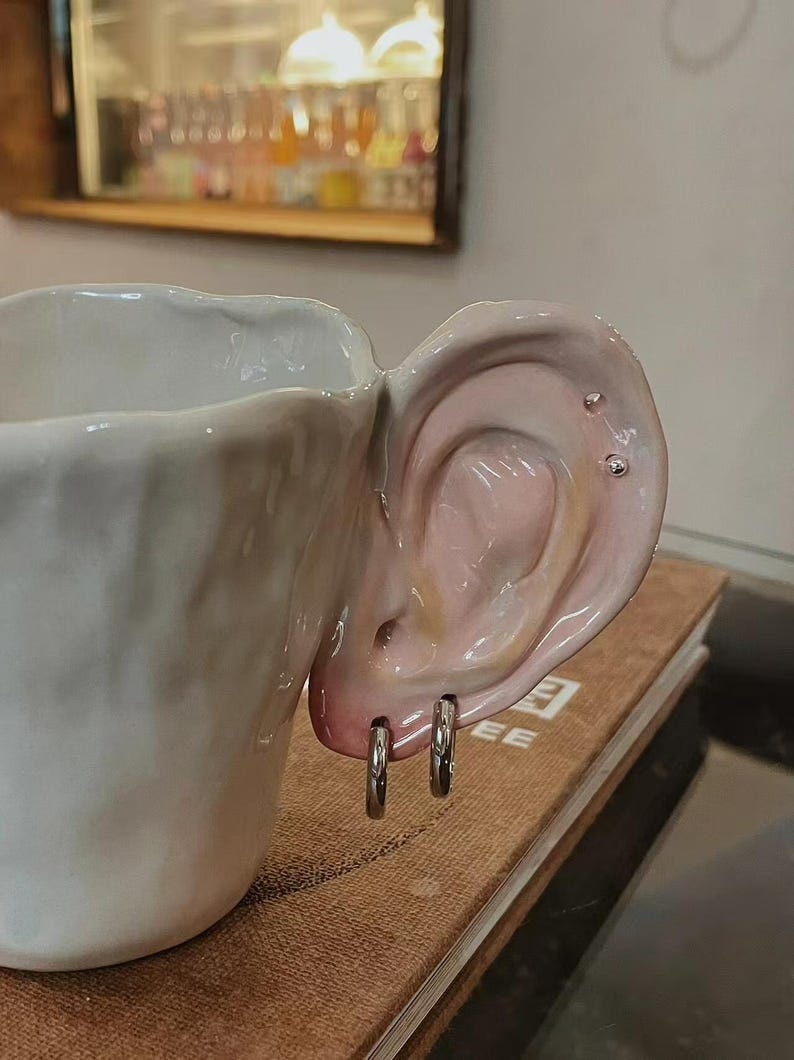 Handmade Ceramic Ear Mug With Piercing Rings, Funny Unique Pottery Cup ...