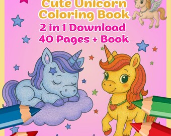 Puede incluir: Una portada de libro para colorear rosa y amarillo con el título "Cute Unicorn Coloring Book". La portada presenta dos unicornios de dibujos animados, estrellas y lápices de colores. El texto dice "2 en 1 Descarga 40 Páginas + Libro".