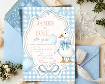 Invitación de primer cumpleaños de Silly Goose: Invitación de fiesta para niño con estampado de cuadros azules. Plantilla de invitación de cumpleaños infantil editable en Canva (descarga digital).