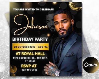 Volante de cumpleaños negro y dorado, plantilla de invitación para fiesta de cumpleaños de hombre, video de invitación animada para hombre, descarga digital, editable en Canva