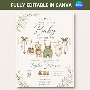 Redigerbar mall för babyshowerinbjudan med salviagrönt klädstreck och nallebjörnstema, en söt liten bebis utskrivbar digital nedladdning