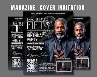 Invitación para revista masculina, volante digital de 50 cumpleaños, volante de fiesta para niños, plantilla editable de Canva, invitación a cena de 50 cumpleaños para él