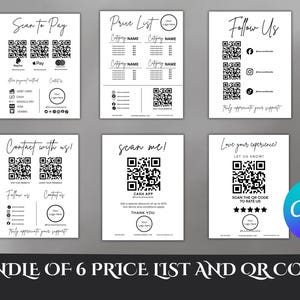May include: A bundle of six white price list and QR code templates. Each template features black text and QR codes. The templates include options for scanning to pay, price lists, following on social media, and contacting the seller. The Canva logo is visible.