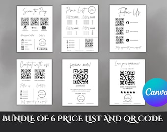 Paquete de 6 plantillas de lista de precios, letreros con código QR, plantillas de escaneo para pago para pequeñas empresas, letreros de pago, contáctenos, plantilla editable de Canva