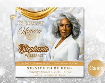 Folleto de anuncio de funeral, plantilla de folleto de invitación para celebración de vida en oro blanco, invitación conmemorativa elegante, plantilla de obituario editable