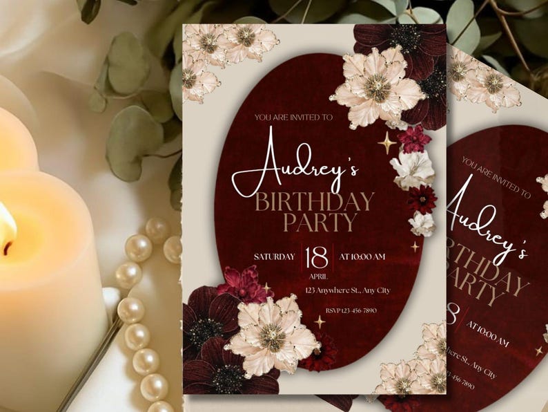 May include: Burgundy and cream birthday party invitation featuring floral accents. The invitation includes the text "Audrey's Birthday Party" with the date, time, and RSVP information. The design incorporates a floral border and decorative stars.