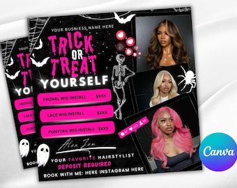 Folleto de peluca rosa, folletos de Halloween espeluznantes de SZN, folleto de octubre y reservas de belleza, folleto de negocios de truco o trato, plantilla de Canva DIY