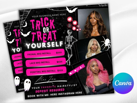 Pink Wig Flyer, Halloween Spooky SZN Flyers, October & Beauty Booking Flyer, Trick or Treat Business Flyer, DIY Canva Template