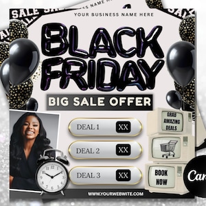 以下が含まれることがあります： 黒い風船と大きな光沢のある文字で「BLACK FRIDAY」と書かれたブラックフライデーのセール広告。広告には女性の写真、目覚まし時計、3つの取引オプションが含まれています。