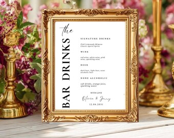 Menú minimalista para bodas, cartel de menú de refrescos, menú de cócteles editable, cartel de menú de bebidas moderno, menú de bar imprimible, plantilla de Canva