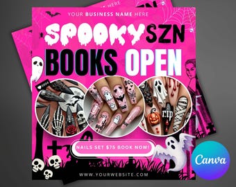 Folleto de uñas de Halloween, folleto de reservas de octubre rosa, reserva de citas, plantilla de Canva para redes sociales para pestañas, maquillaje y cabello.