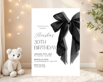 Minimalist Black Bow Birthday Invitation, EDITABLE Block Bow Invite, Bday Evites, 30th 16th