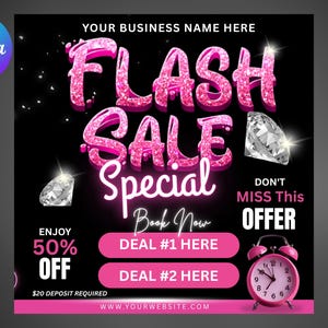 Flash Sale Flyer, Pink Beauty Flyer, Flash Sale Template, Braids, Nail Tech, Lash Tech, MUA, Wig Flyer, Canva Template, Special Deal Flyer