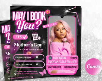 Folleto de reservas de mayo: Peluquería, Folleto de belleza rosa, Pestañas para el Día de la Madre, Pelucas, Uñas, Maquillaje, Plantilla de Canva (Descarga digital)