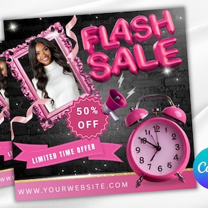 Pode incluir: Um gráfico promocional com um fundo de tijolos pretos apresenta as palavras "FLASH SALE" em letras rosa 3D. Um despertador rosa, um megafone e a imagem de uma mulher também estão presentes, juntamente com um distintivo "50% OFF" e o texto "LIMITED TIME OFFER".