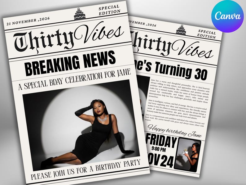 May include: Two newspaper-style invitations with the headline "Thirty Vibes" and the text "Breaking News" and "Jane's Turning 30". One features a photo of a woman in a black dress. The other says "Happy birthday Jane".