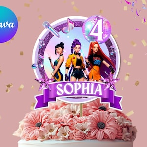 May include: A cake topper featuring three animated figures with microphones and musical notes. The topper has a purple banner with the name "SOPHIA" and a disco ball with the number 4. The cake is decorated with pink flowers and confetti.