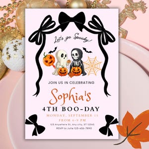Halloween Birthday Invitation, Editable Bow Pink Halloween Party Invitation, Spooky Birthday Party Invite, 1st Birthday Invitation Template