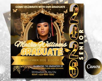 Plantilla de folleto para fiesta de graduación, editable en Canva, folleto de invitación para fotos de la promoción de 2026, póster de celebración de graduación, invitación a fiesta de graduación.