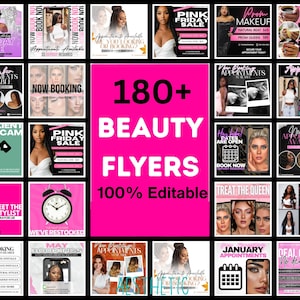 May include: A collage of pink and black beauty flyers advertising services and sales. The flyers feature text such as "180+ BEAUTY FLYERS 100% Editable", "Pink Friday Sale", and "Now Booking". Various images of women are included.