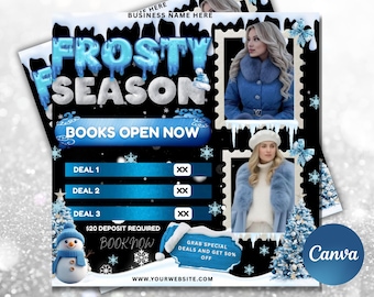 Folleto de reservas para la temporada de heladas, folleto de reservas para las vacaciones de diciembre, folleto de rebajas de invierno de Books Open, servicios de peluquería, pestañas y pelucas, Canva editable