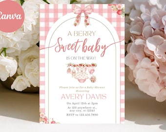 Plantilla de invitación para baby shower con diseño de fresas: invitación editable en Canva, invitación con diseño de bayas en acuarela, temática de bayas dulces, imprimible y descarga digital.