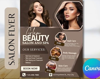 Flyer para salón de belleza, plantilla de flyer para salón de belleza, flyers para peluquería, uñas y maquillaje, flyer editable para spa, flyer para esteticista, plantilla Canva para flyer de Instagram (DIY).