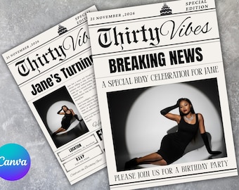Invitación de cumpleaños número 30 en formato periódico, plantilla de periódico para invitación de fiesta de cumpleaños en Canva, periódico de cumpleaños editable, plantilla de periódico para hacer tú mismo