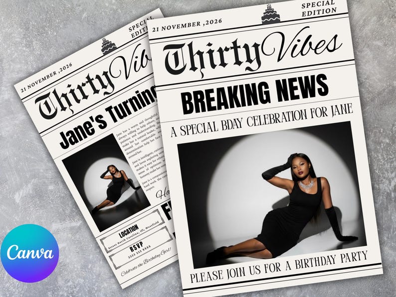 May include: Two invitations designed as vintage newspapers. The headline reads "Thirty Vibes" and "Breaking News". The invitations feature a photo of a person in a black dress. Text includes "A Special Bday Celebration for Jane" and "Please join us for a birthday party."