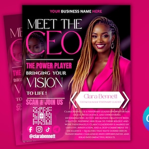 May include: A promotional flyer with a pink and black color scheme. The flyer features a photo of a woman in a pink blazer with the text "Meet the CEO" and "Bringing Your Vision to Life!" The flyer also includes a QR code and social media icons.