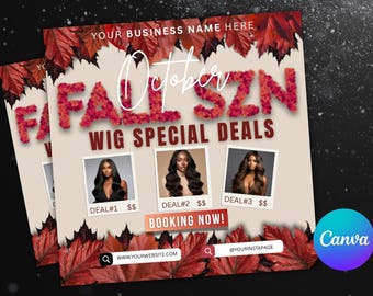 Folleto de otoño SZN, Reservas de otoño, Folleto de belleza, Folleto de instalación de pelucas, Folleto de ofertas de peluquería, Plantilla de folleto de reservas de octubre: Pestañas, Trenzas, Salón, Cabello