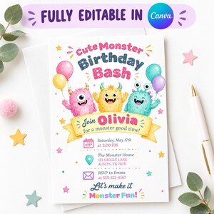 Könnte beinhalten: Eine Geburtstagseinladungskarte mit drei bunten Monstern, Luftballons und Sternen. Der Text lautet Cute Monster Birthday Bash, Join Olivia for a monster good time, Saturday, May 17th at 2:00 PM, The Monster House, 123 GIGGLE LANE, AUSTIN, TX 78731, RSVP to Emma 555-123-4567 und Let's make it Monster Fun!