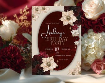 Elegante invitación floral de cumpleaños / Invitación de cumpleaños en color burdeos y beige / Fiesta de cumpleaños moderna para mujer / Invitación floral de cumpleaños de lujo