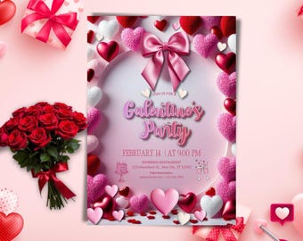 Plantilla de invitación para la fiesta de Galentine / Invitación para la noche de chicas de San Valentín / Volante con corazones y lazos rosas / Descarga digital editable en Canva
