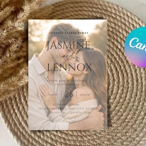 May include: Wedding invitation featuring a couple embracing, with the names Jasmine and Lennox. The invitation includes the date, Friday, August 26, and event details. The Canva logo is visible in the upper right corner. The invitation is set on a textured background.