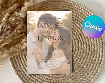 Plantilla minimalista para invitación de boda, invitación editable con foto, invitación de boda bohemia moderna, plantilla de Canva, descarga digital.
