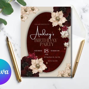 May include: A birthday party invitation with a burgundy oval design, adorned with floral accents. The invitation reads "Audrey's Birthday Party" with the date and time. A gold pen and the Canva logo are also visible.