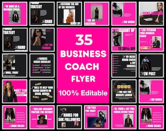 35 plantillas de volantes para coaching empresarial, paquete de volantes rosas, volante de belleza, volante de coaching, volante de jefe, plantilla CANVA DIY (descarga digital)