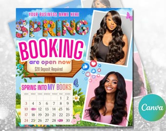Plantilla de folleto de reservas de primavera, folleto editable en Canva, folleto de reservas de abril, folleto de salón de belleza, promoción de cabello, uñas y pestañas, folleto comercial de primavera