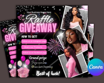 Folleto editable de rifa rosa: Plantilla de Canva (descarga digital)