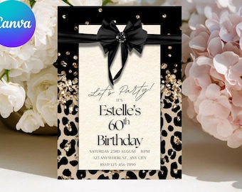 Invitación de cumpleaños con estampado de guepardo, lazo coqueto (plantilla editable de Canva), invitación para fiesta de cumpleaños de mujer, invitación moderna negra, invitación de cumpleaños número 60