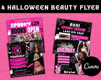 Folleto de reserva de Halloween (4 paquetes), Libros abiertos en octubre, Folleto de belleza rosa, Plantillas de folletos DIY, Folleto para redes sociales: Peluca, uñas y pestañas.